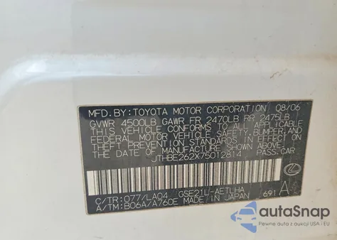 2007 Lexus Is 350 Base z USA, uszkodzony, nr VIN JTHBE262X75012814